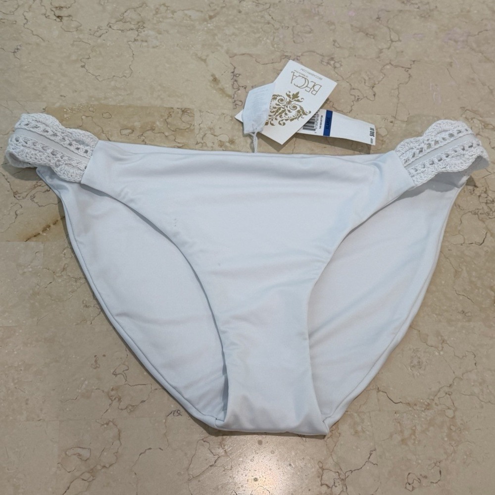 BECCA White Solid Crochet Accent Bikini Swim Bottom Womens XL Lined Stretch